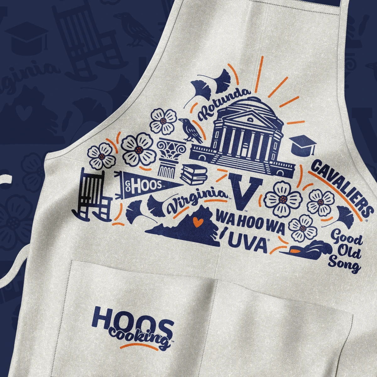 A UVA-themed apron with "Hoos Cooking" written on it.